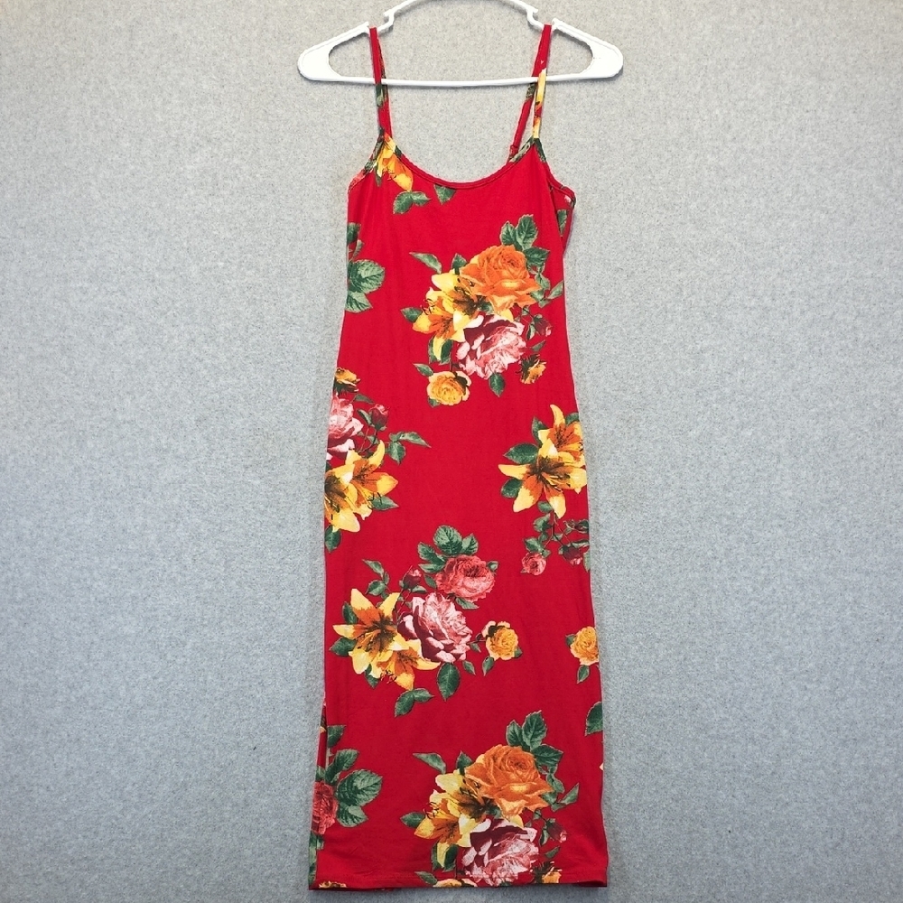 Heart & Hips Red Floral Bodycon Midi Dress Spaghetti Strap Size S